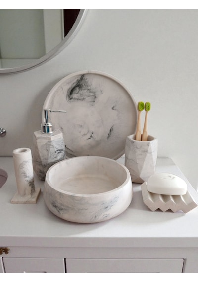 6'lı Mermer Desen Beton Banyo Seti ,sıvı Sabunluk Diş Fırçalığı Aksesuar Takımi,havluluk,tepsi Gri