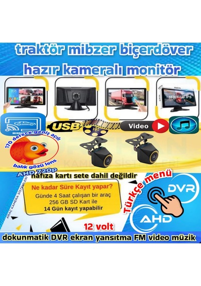 2 Adet Balık Gözü 720p Ahd 170'' Kamera Dokunmatik 10.36'' Video Müzik Dvr Ekran Seti 12 V