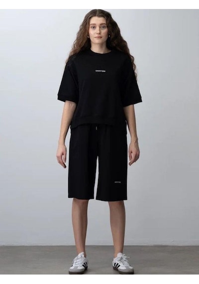 Zekids Kız Çocuk Pamuklu Tasarım Oversize T-shirt Şortlu Takım-15782 Siyah