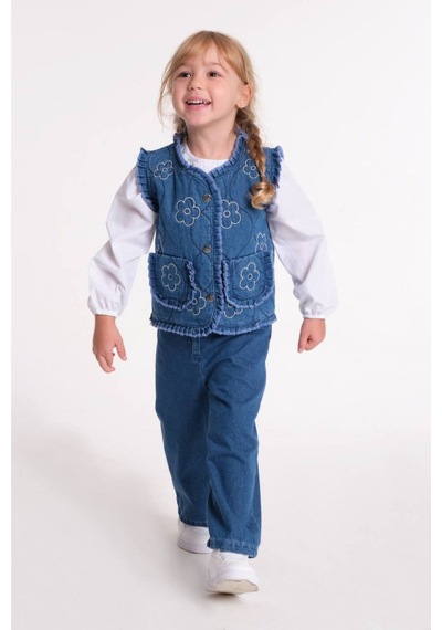 Le Petit Sole Kız Çocuk Yelek Gömlek Pantolon 3'lü Denim Takım Mavi