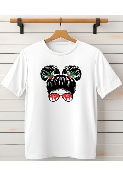 Aselinda Yeni Yıl Özel Tasarım Kadın T-shirt -bisiklet Yaka Beyaz Tişört Beyaz