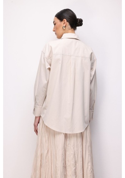 Mizalle Pamuklu Bej Rengi Oversize Gömlek Bej