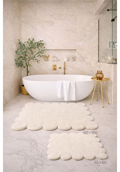 Buççin Online Mağaza Dekoratif Kaymaz Taban Papatya Kesimli Banyo Paspası, Klozet Takımı, 60x100-50x60 Cm Polyester Ekru Çok Renkli