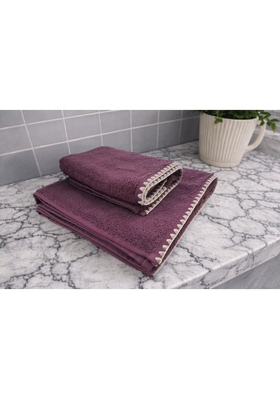 Krem İstiridye Dikişli %100 Pamuk Yumuşak Dokulu Yüksek Su Emici 2'li Banyo Havlu Seti 50x90-70x130 Mor