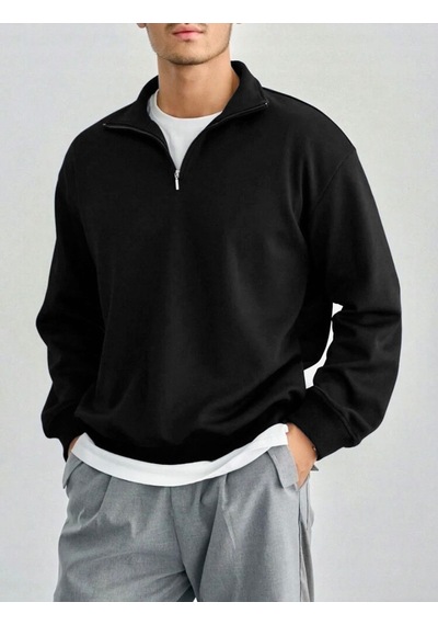 Harmandar Siyah Erkek Baskısız Dik Yaka Yarım Fermuarlı Düz Kazak Sweatshirt Siyah