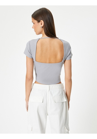 Koton Sırt Dekolteli Tişört Crop Kısa Kollu Fitilli Slim Fit Gri 4sal10804ık Gri