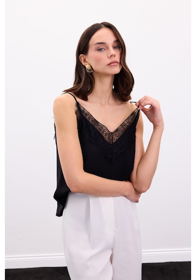 Sateen Dantel Detaylı Askılı Bluz - Siyah-136873 Siyah