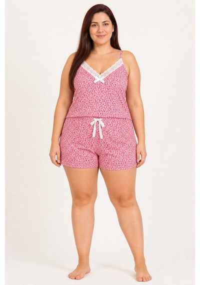 Bravie Kadın Büyük Beden İp Askılı Yakası Dantelli Çiçek Desenli Yazlık Pijama Takımı Pembe