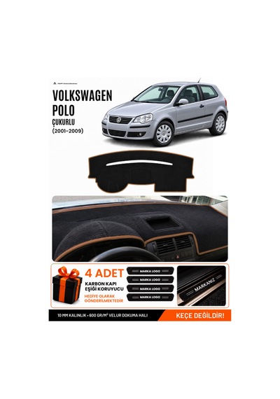Volkswagen Polo Çukurlu 2001-2009 Uyumlu Torpido Örtüsü, Torpido Kılıfı - Siyah-kahverengi - Vw019