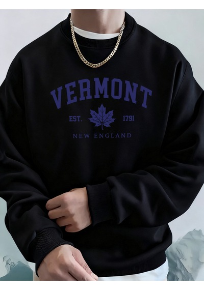 Startmore Startmorevermont New England Est 1791 Baskılı Kapüşonlular Erkek Yumuşak Polar Eşofman Rahat Sonbahar Siyah