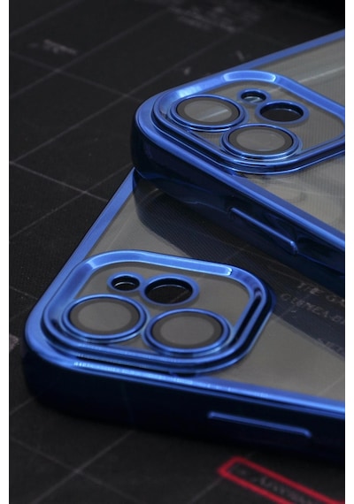 Apple Uyumlu iPhone 11 Saks Mavi Renkli Kenarlı Lazerli Şeffaf Kılıf Lens Korumalı