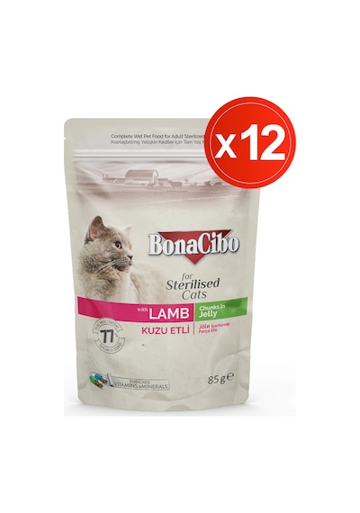 Bonacibo Kuzu Etli Jelly Pouch Kısırlaştırılmış Yetişkin Kedi Yaş Maması 12 x 85 G