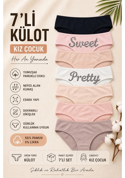 Nicoletta Kız Çocuk Külot 7 Li Paket Pamuklu Likralı Kaşko 742186 Çok Renkli