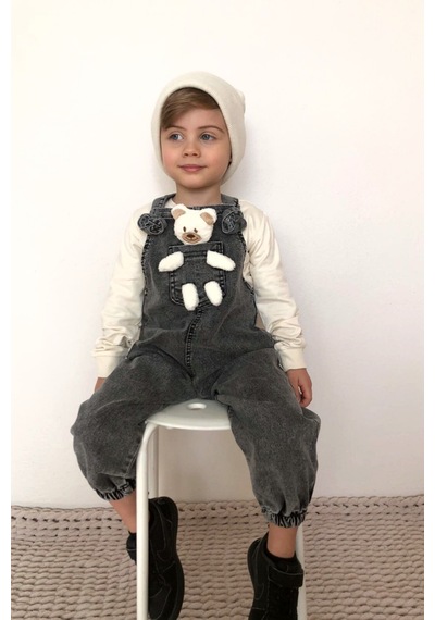 Unisex Çocuk Askısı Bağlamalı Teddy Oyuncaklı 2'li Kot Salopet 001