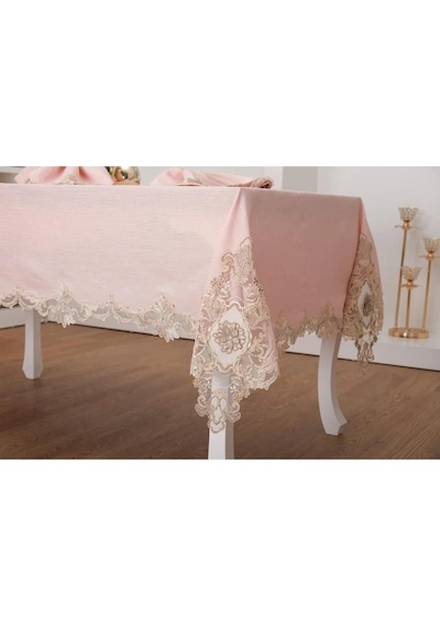 Anka Güpürlü Keten Pudra Sofra Takımı 8 Kişilik 160x230 Cm 17prç. - 1165 Çok Renkli