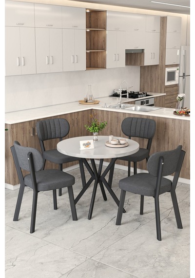 Gnr 90cm Sabit Beyaz Mutfak Masası Takımı, Yemek Masası, 4 Modern Antrasit Sandalye Antrasit