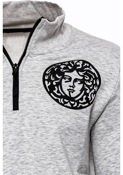 Wessi Gri Fermuarlı Baskılı Sweatshirt Gri