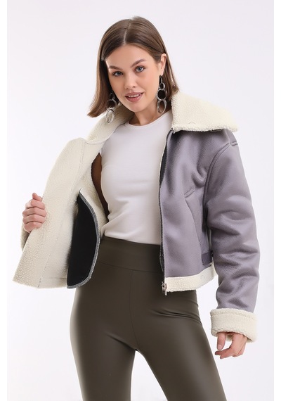 Winmoda34 Içi Kürk Astarlı Biker Kısa Ceket Gri