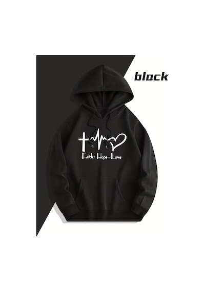 Nevermind Faith Hope Love Baskılı Hoodie Unisex Kapüşonlu Sweatshirt Çift Kombini 2'li Set Takım Siyah