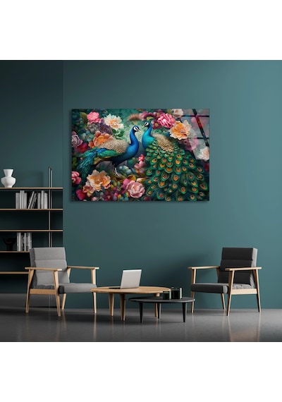 Tavus Kuşu Çiçekler - Cam Tablo - Deg0975 50 X 35 Cm