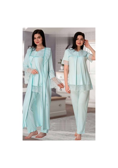 Blackmore Kadın Mavi Süslü Dantelli Lohusa Hamile Pijama 4'lü Set Mavi