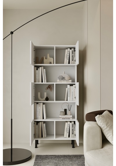 Hitit Kitaplık 175 Cm - Vitrin - Gümüşlük 100% Mdf Metal Ayak Beyaz