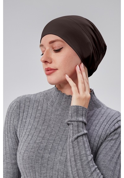 Sonbaharmoda Kadın Tesettür Hazır Pratik Geçmeli Bone Lastikli Kaymaz Kahverengi Kahverengi