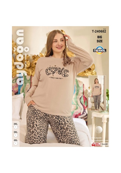 Aydoğan Kadın Bej Leopar Desenli Büyük Beden Termal Pijama Takımı -8270