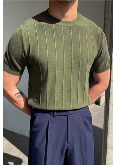 Erkek Slim Dar Bisiklet Yaka Düz Triko T-shirt Haki