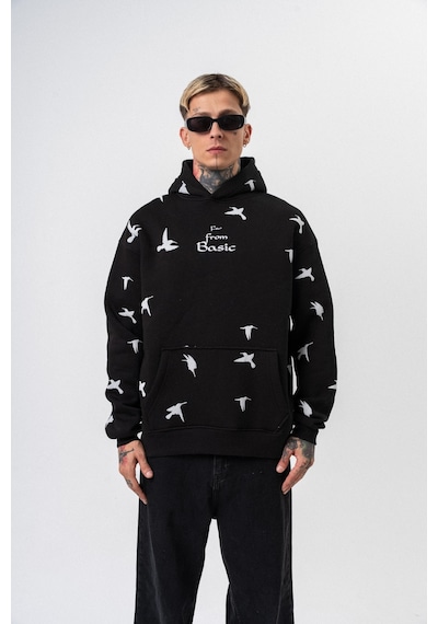Respire Erkek Far From Basic Baskılı Kapüşonlu Oversize Hoodie Siyah