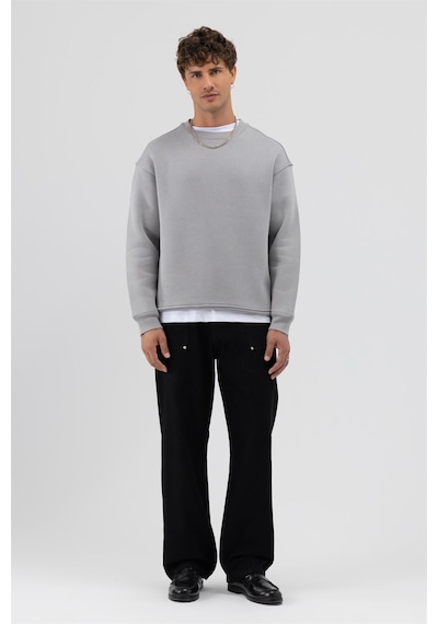 Vamos Basic Bisiklet Yaka Oversize Sweatshirt Açık Gri