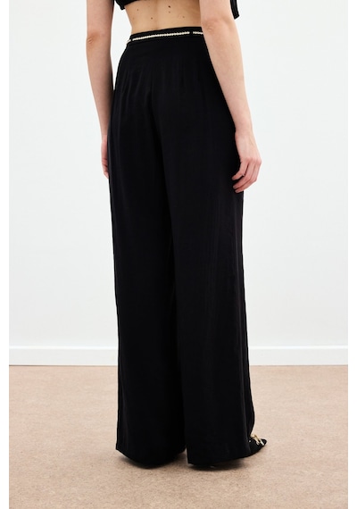 Sateen Örgü Kemerli Pantolon - Siyah-136168 Siyah