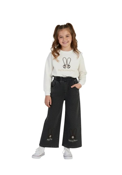 Erdem Kıds Kız Çocuk Bayramlık Günlük - Casual Geniş-bol Paça Palazzo Kot Pantolon-sweatshirt İkili Takım Beyaz - Siyah