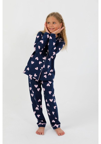 Kız Çocuk Uzun Kollu %100 Pamuklu Düğmeli Pijama Takımı Heartie Indigo
