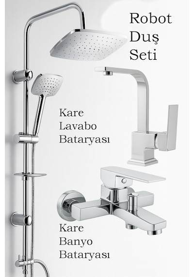 3 Lü Banyo Seti Robot Duş Seti + Kare Lavabo Bataryası + Kare Banyo Bataryası %100 Pirinç krom
