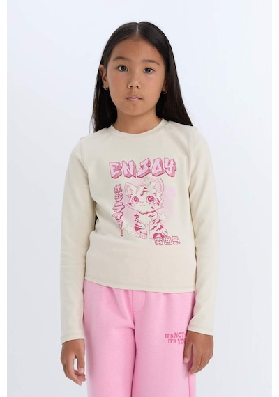 DeFacto Kız Çocuk Cropped Fit Bisiklet Yaka Baskılı Fitilli Kaşkorse Uzun Kollu Tişört D3430A824WNBG734 Bej