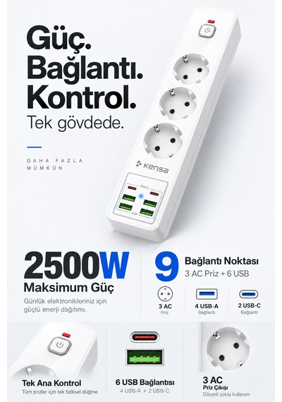 Akım Korumalı Priz 3'lü 4x Usb-a + 2x Usb-c 2 Metre Kablo 0 - 2 M