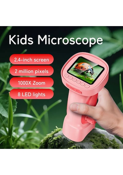 395 Pembe Taşınabilir Dijital Çocuk Mikroskobu - 2.4 İnç Ips Ekranlı, 1080p Full Hd, 1000x Zoom, 8 Led Işıklı Eğitici Bilim Kiti