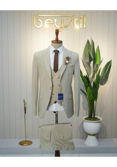 Beystil Sivri Yaka Krem Takım Elbise Petek04 -slim Fit Krem