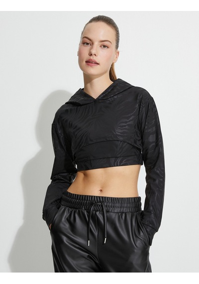 Koton Kapşonlu Crop Spor Sweatshirt Zebra Desenli Uzun Kollu Siyah Desenli 4wak10255nk Siyah Desenli