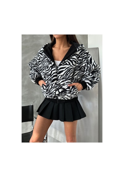 Verymoda Leopar Baskılı Peluş Mont F1650 Siyah Zebra