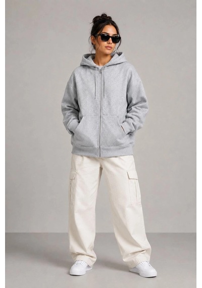 Moda Kadın 3 İplik Şardonlu Tam Fermuarlı Kapüşonlu Arka Çanta Detaylı Sweatshirt - Gri Çok Renkli