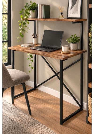 Sulorahome Ceviz Desenli Raflı Çalışma Masası