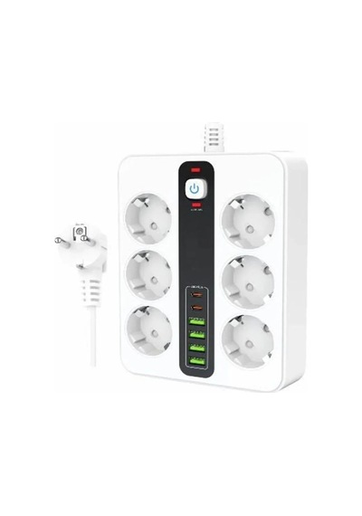 6'lı Grup Priz 4xusb 2xtype-c Çıkışlı Isıya Dayanıklı Power Tuşlu 2 Mt Kablolu Priz Çoğaltıcı Standart