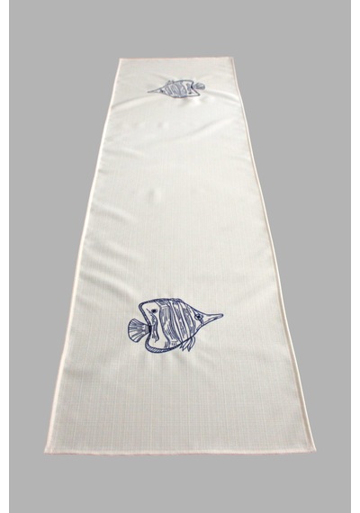 Marin Masa Örtüsü Nakışlı Balık Runner 145x40 Su İtici Outdoor Keten Tekne Bahçe Salon Mutfak Krem