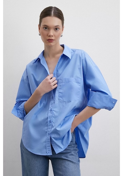 Oversize Pamuklu Mavi Gömlek Mavi
