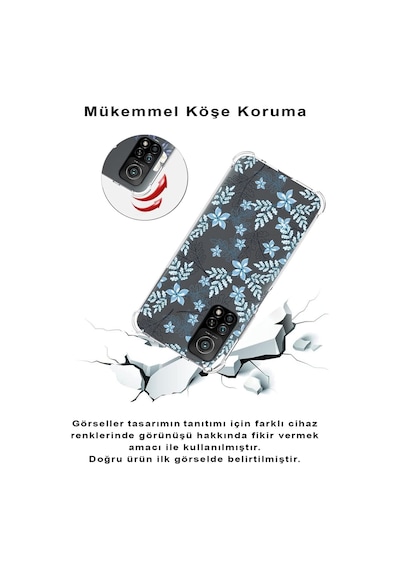 Xiaomi Redmi 10a Köşe Korumalı Antişok Kapak Floral Mavi Tasarımlı Şeffaf Silikon Kılıf