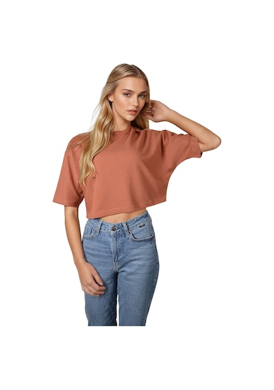 Kiremit Bisiklet Yaka Rahat Kalıp Yarasa Kol Pike Kadın Crop T-shirt KIREMIT