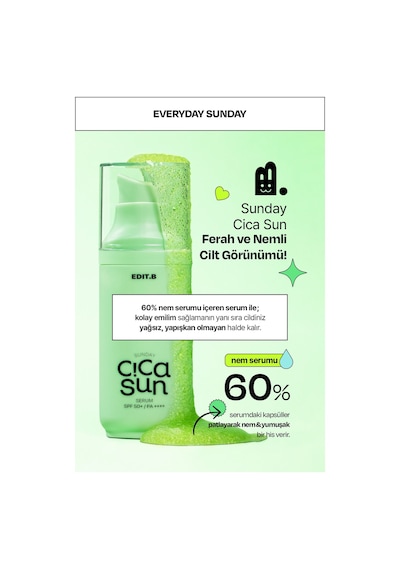 Edıtb Cica ve Hyalüronik Asit İçeren Nemlendirici SPF50+ Güneş Korumalı Yatıştırıcı EDIT.B Sun Serum 55 ML