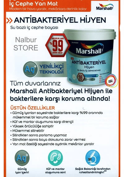 Marshall Antibakteriyel Hijyen Iç Cephe Boyası 15Lt=20Kg+Marshall (278612850)